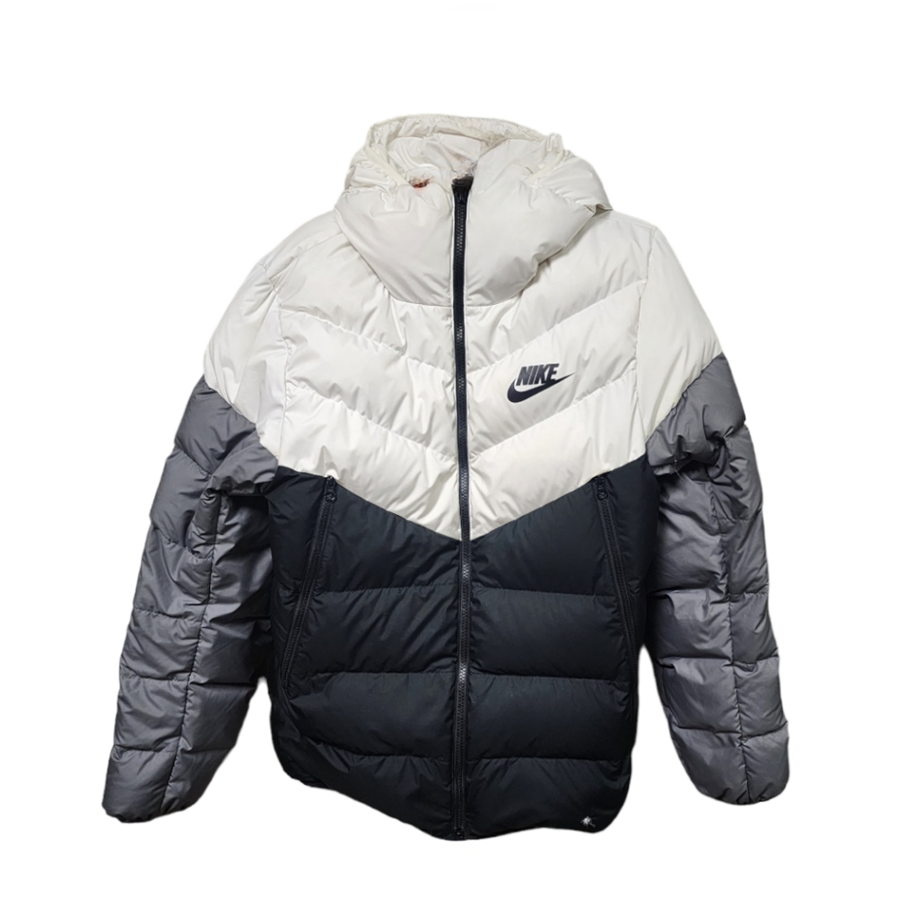 Nike Gray/White/Black Down Puffer Jacket with Attached Hood Front Zip Sz Small